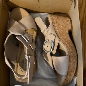 Clarks Women's Cream Cork Wedge Sandals